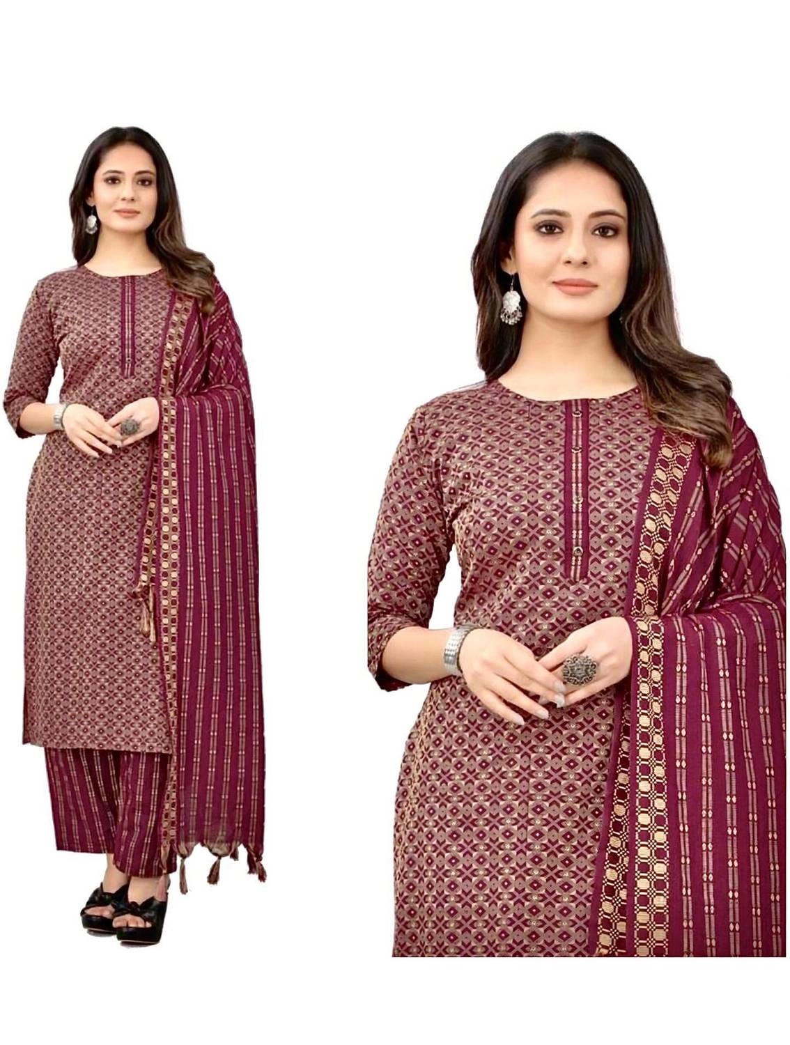 Andheriyas Geometric Print Kurta, Trouser/Pant & Dupatta Set