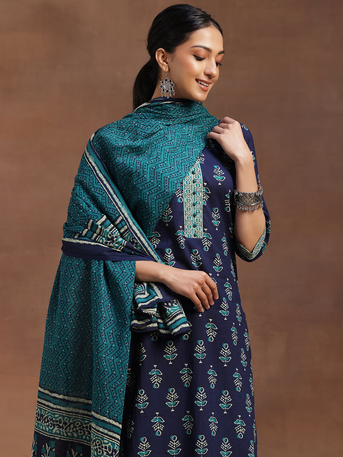 Image of LIBAS Women Cotton Blend Kurta Palazzo Dupatta Set