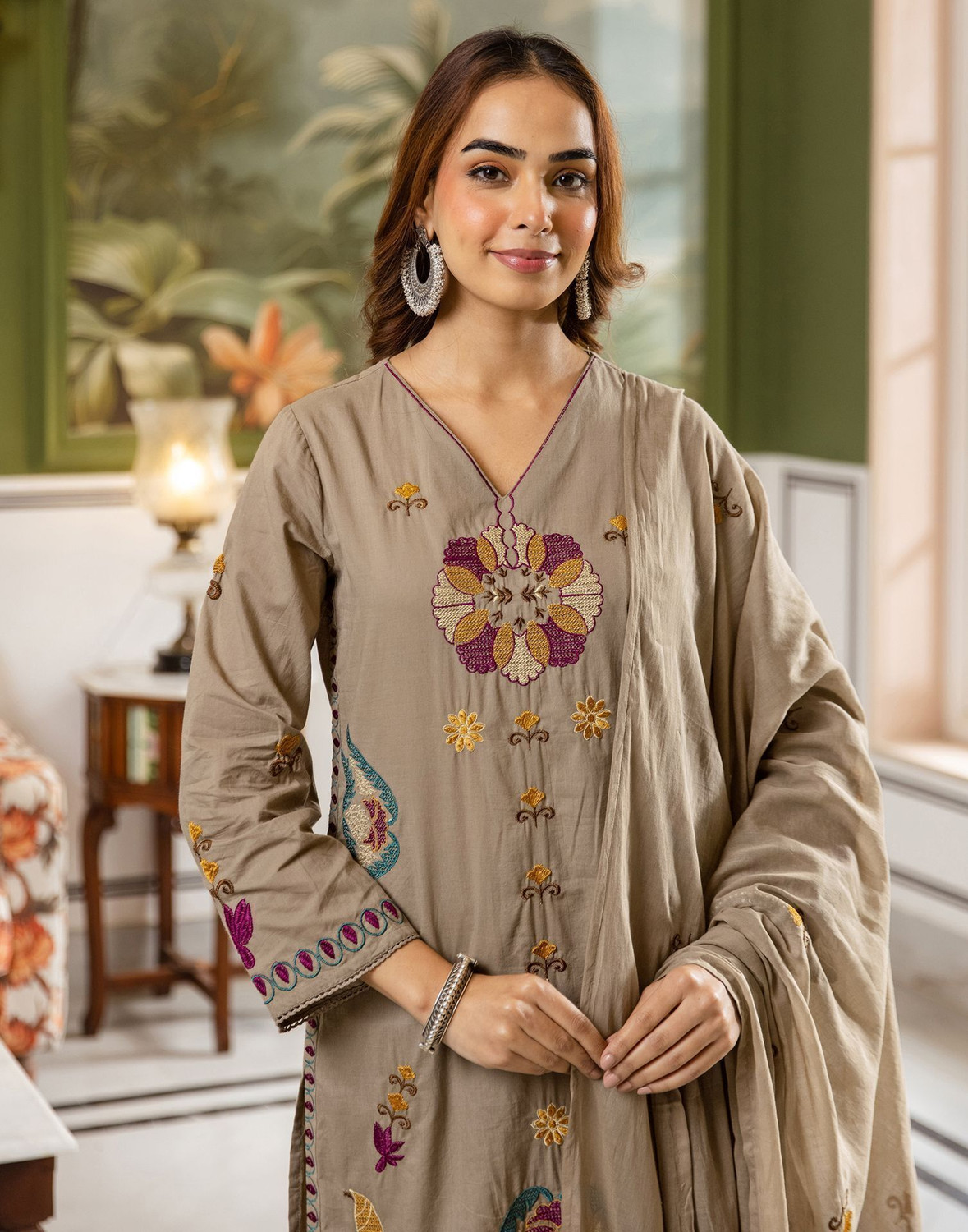 Image of Skylee Women Cotton Blend Kurta Pant Dupatta Set