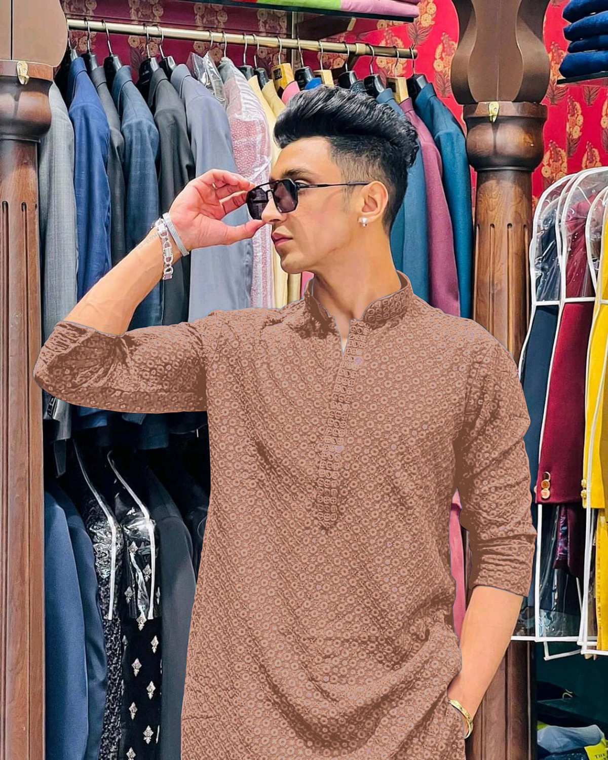 Image of ALMORA LifeStyle Chikan Embroidery Viscose Rayon A-line Kurta for Men (Beige)