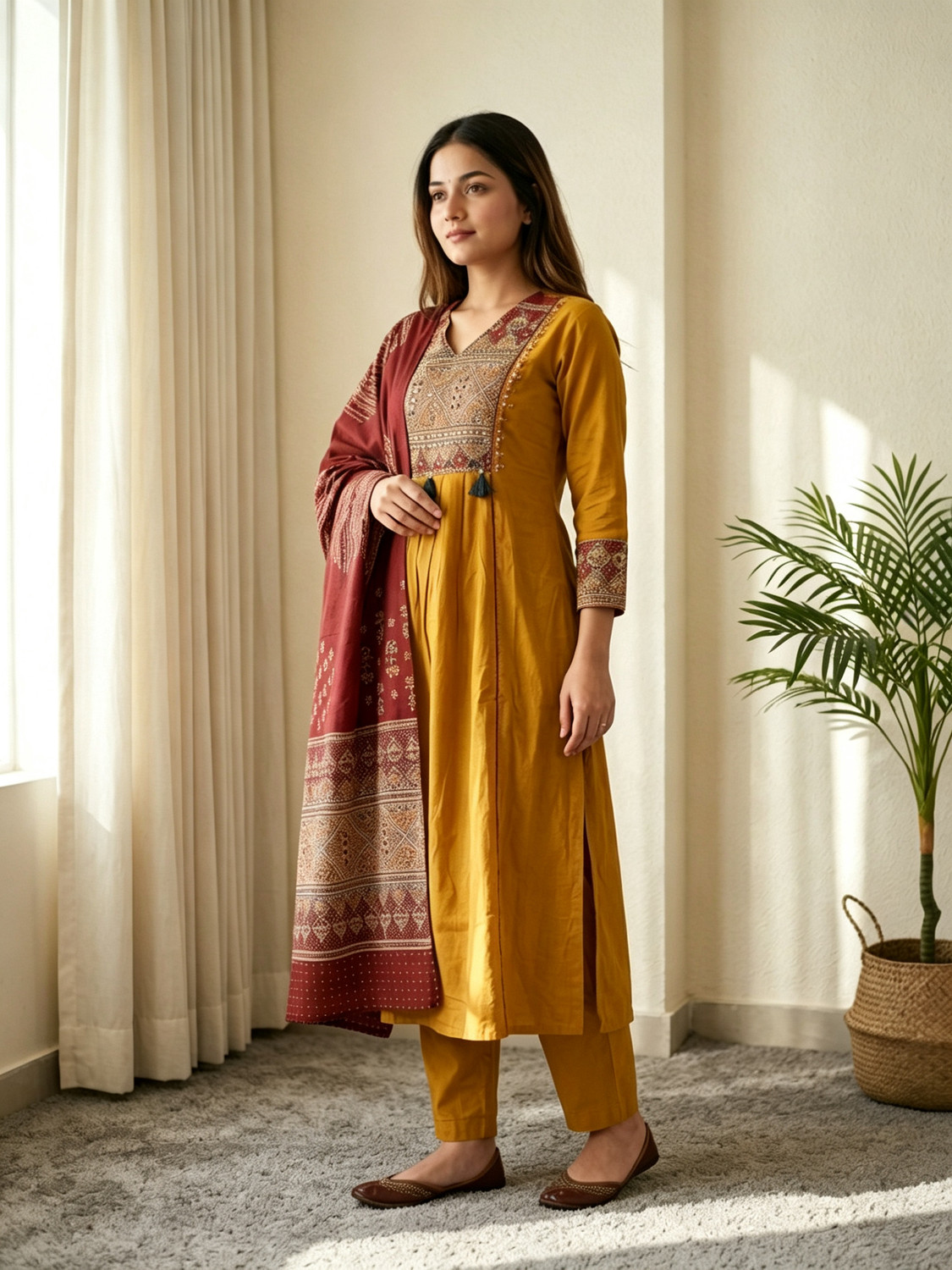 Image of MHIZHA Women Kurta Pant Dupatta Set