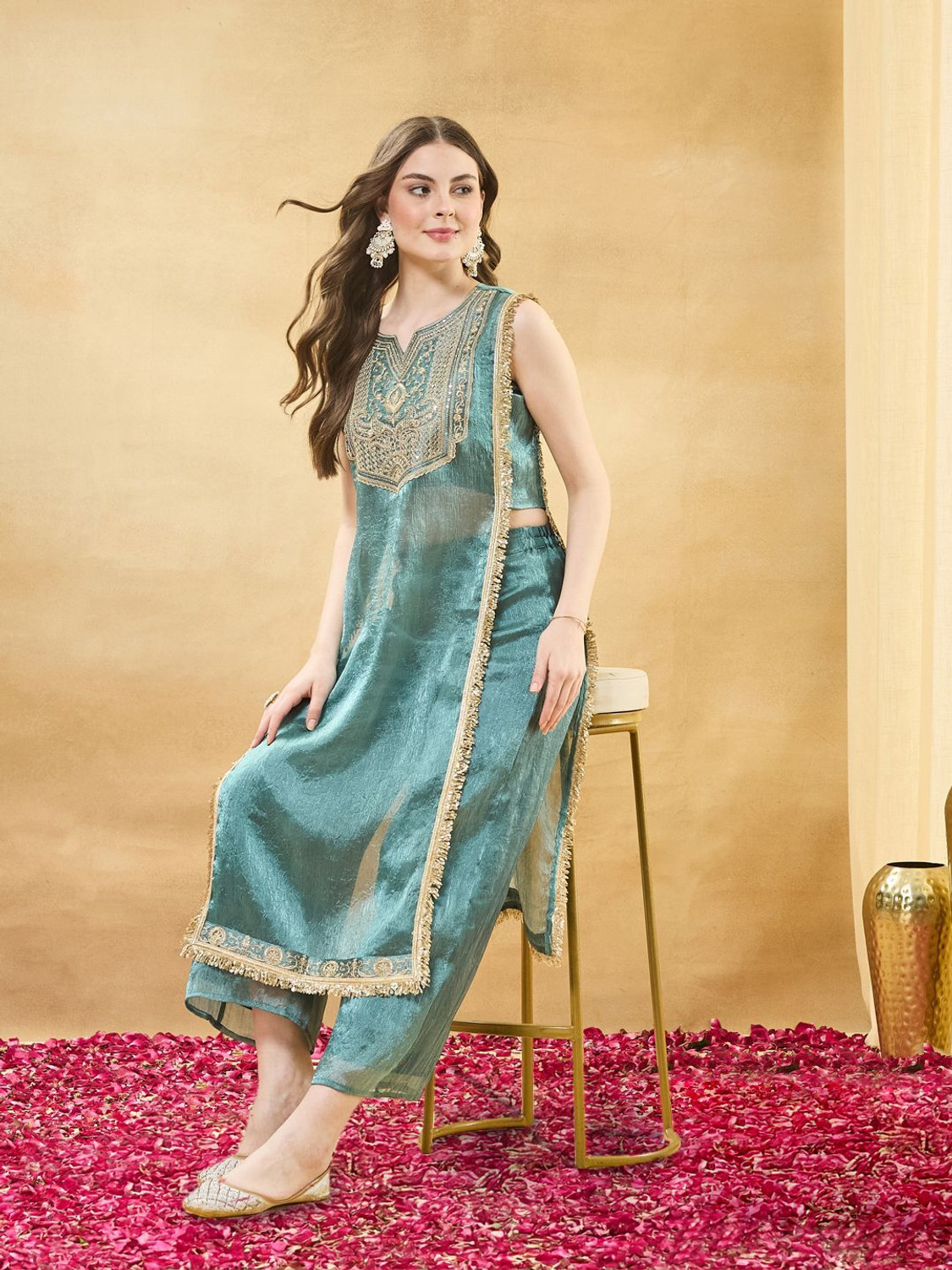 Colors of Earth Women Kurta Palazzo Ethnic Jacket Set