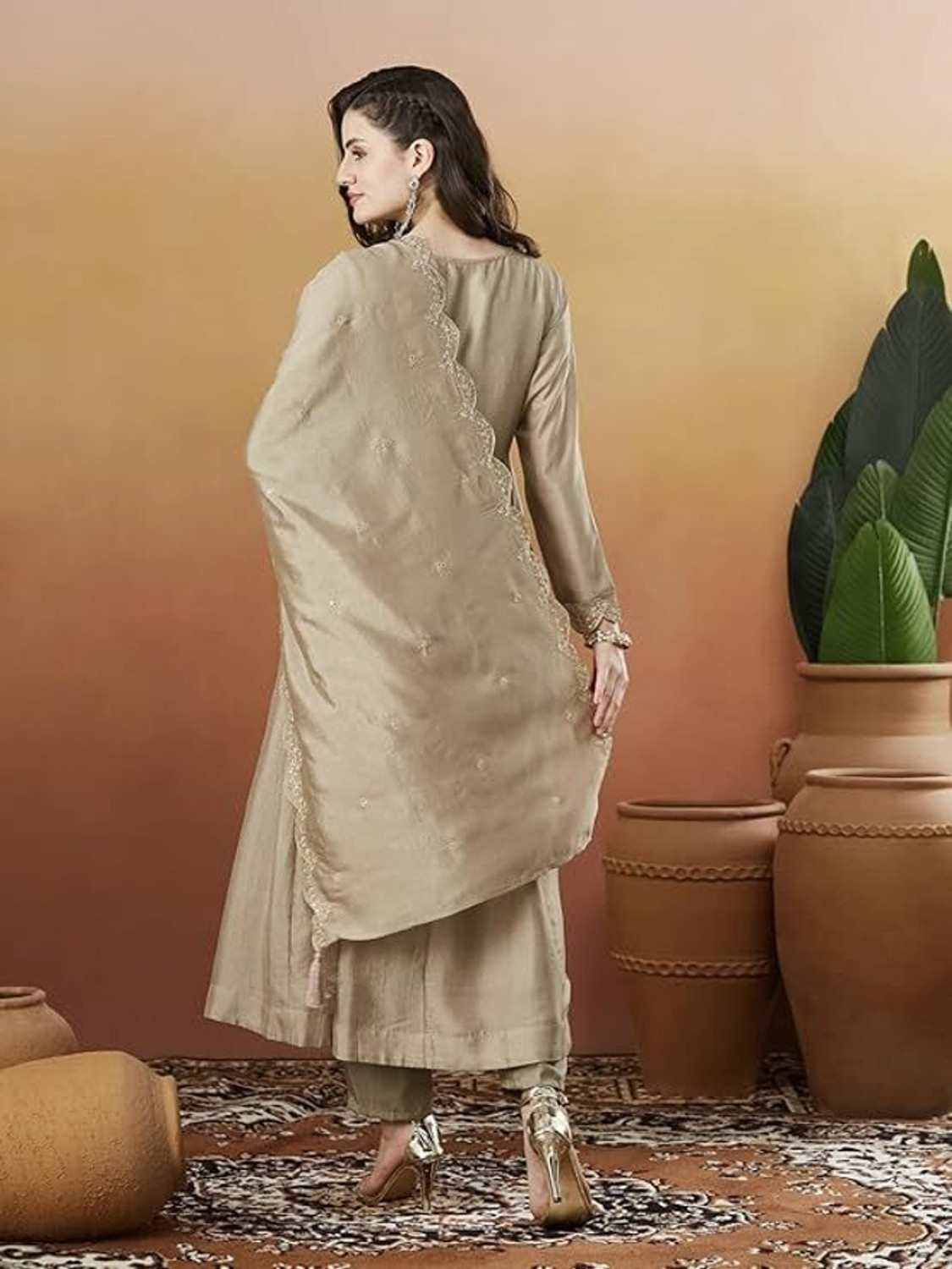 Image of ARVILAS Embroidered Kurta, Trouser /Pant & Dupatta Set