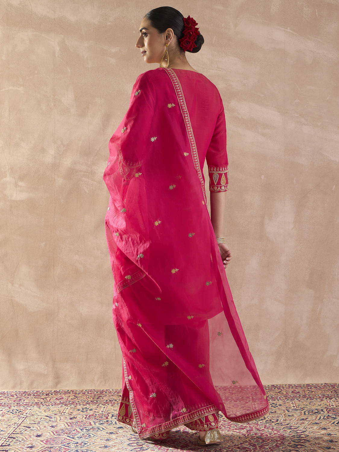 Image of Indo Era Women Silk Blend Kurta Palazzo Dupatta Set