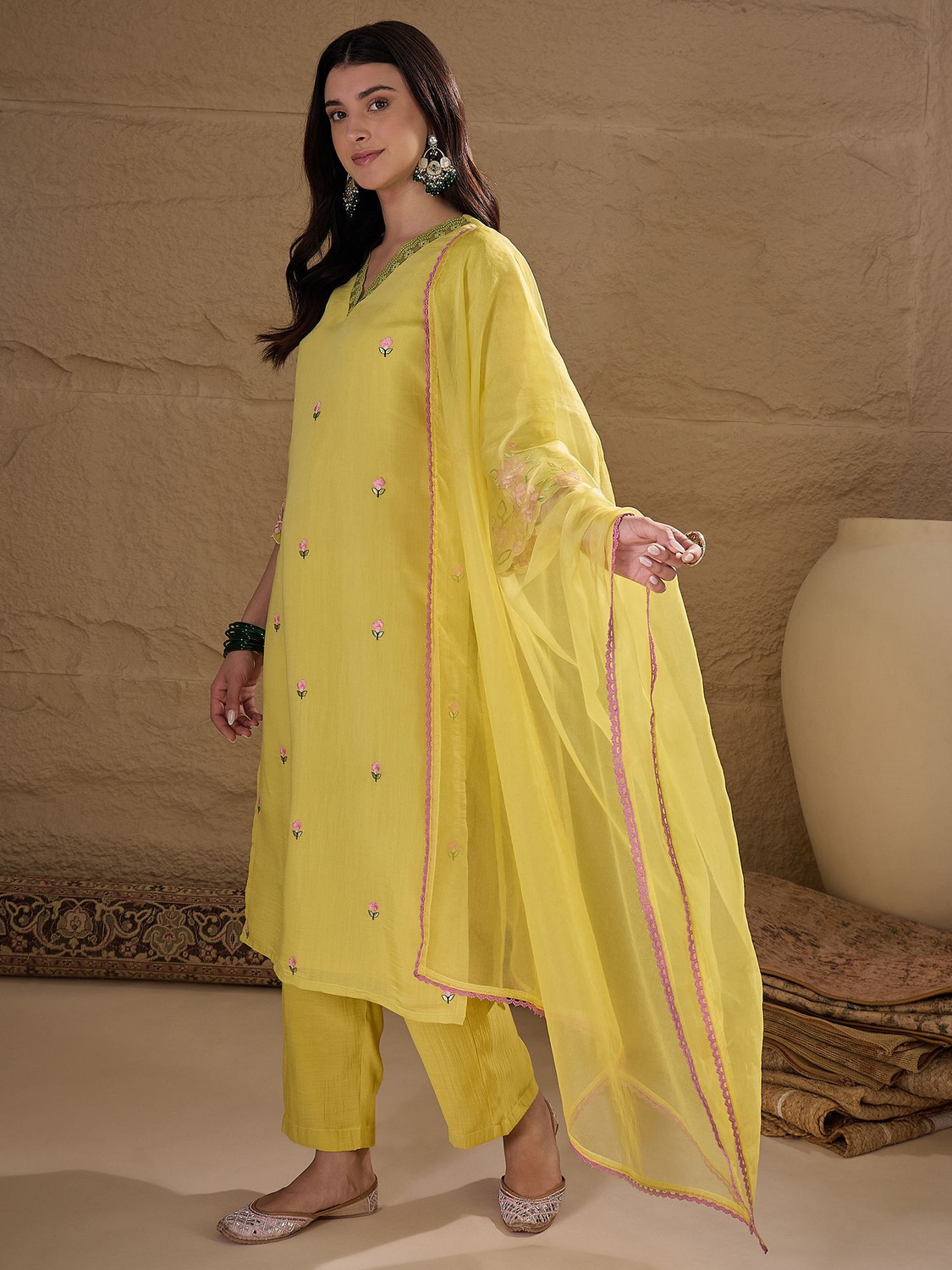 Image of AVANSHEE Women Chanderi Kurta Pant Dupatta Set