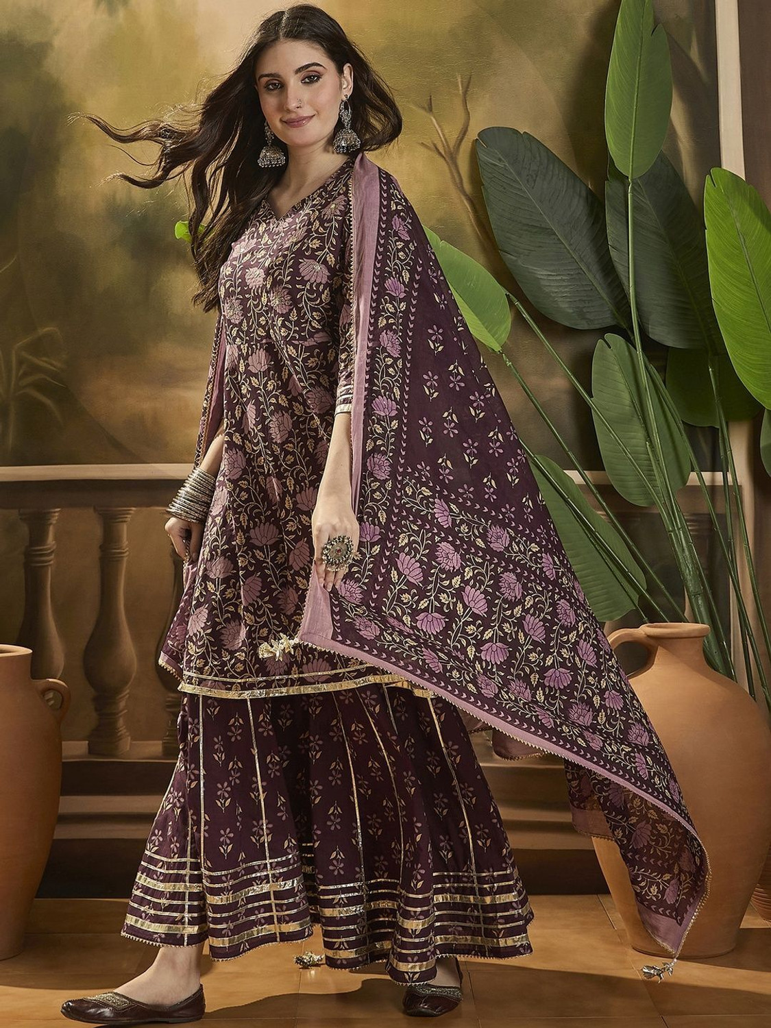 Image of Sangria Women Pure Cotton Kurta Sharara Dupatta Set