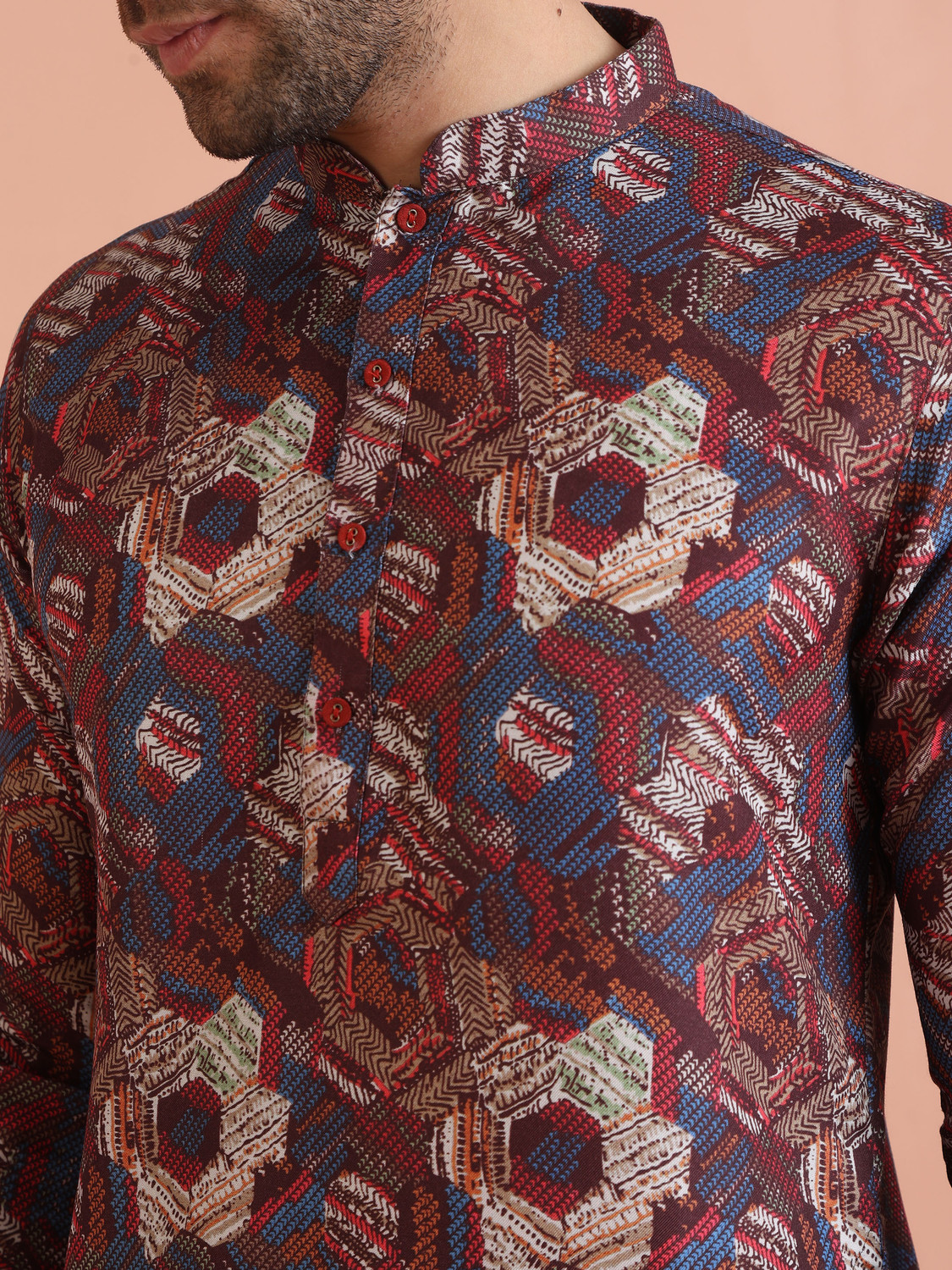 Image of Kisah Printed Cotton Blend Straight Kurta for Men (Multicolor)