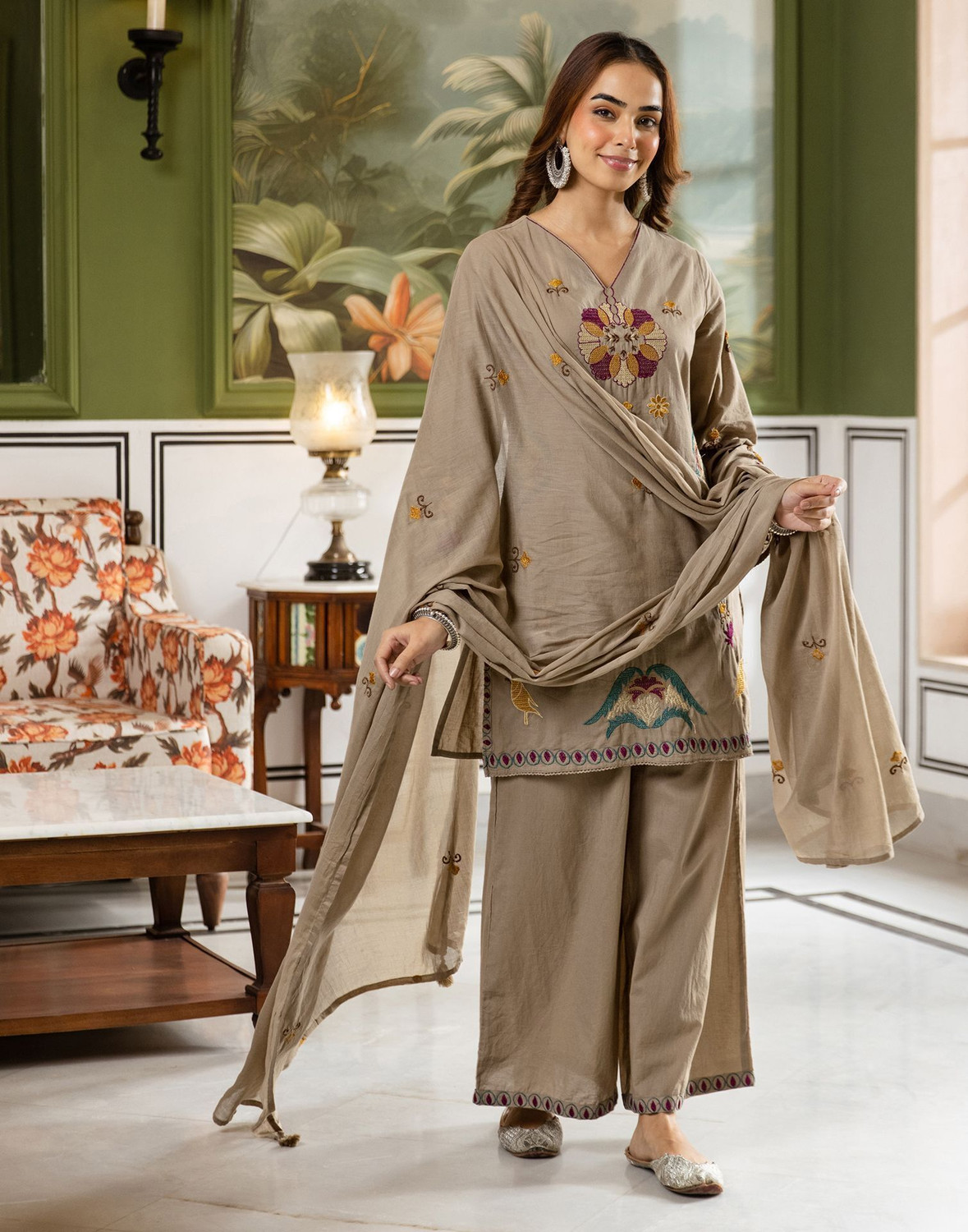 Image of Skylee Women Cotton Blend Kurta Pant Dupatta Set