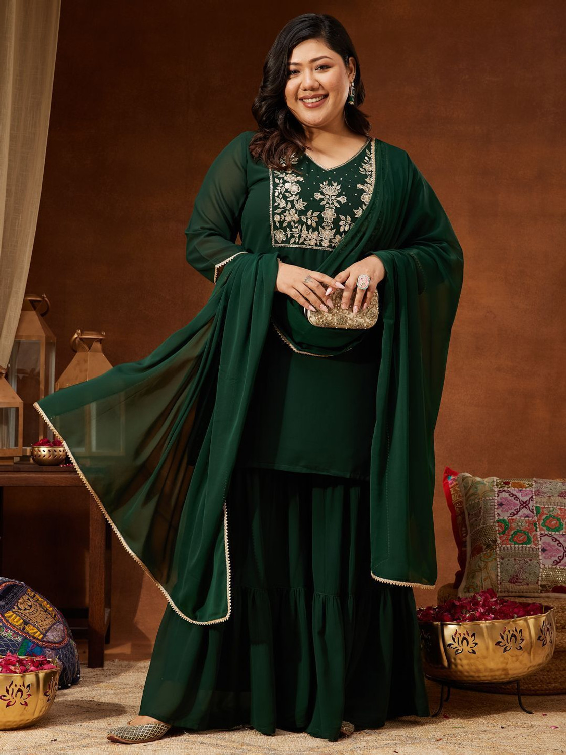 Image of Janasya Women Kurti Sharara Dupatta Set