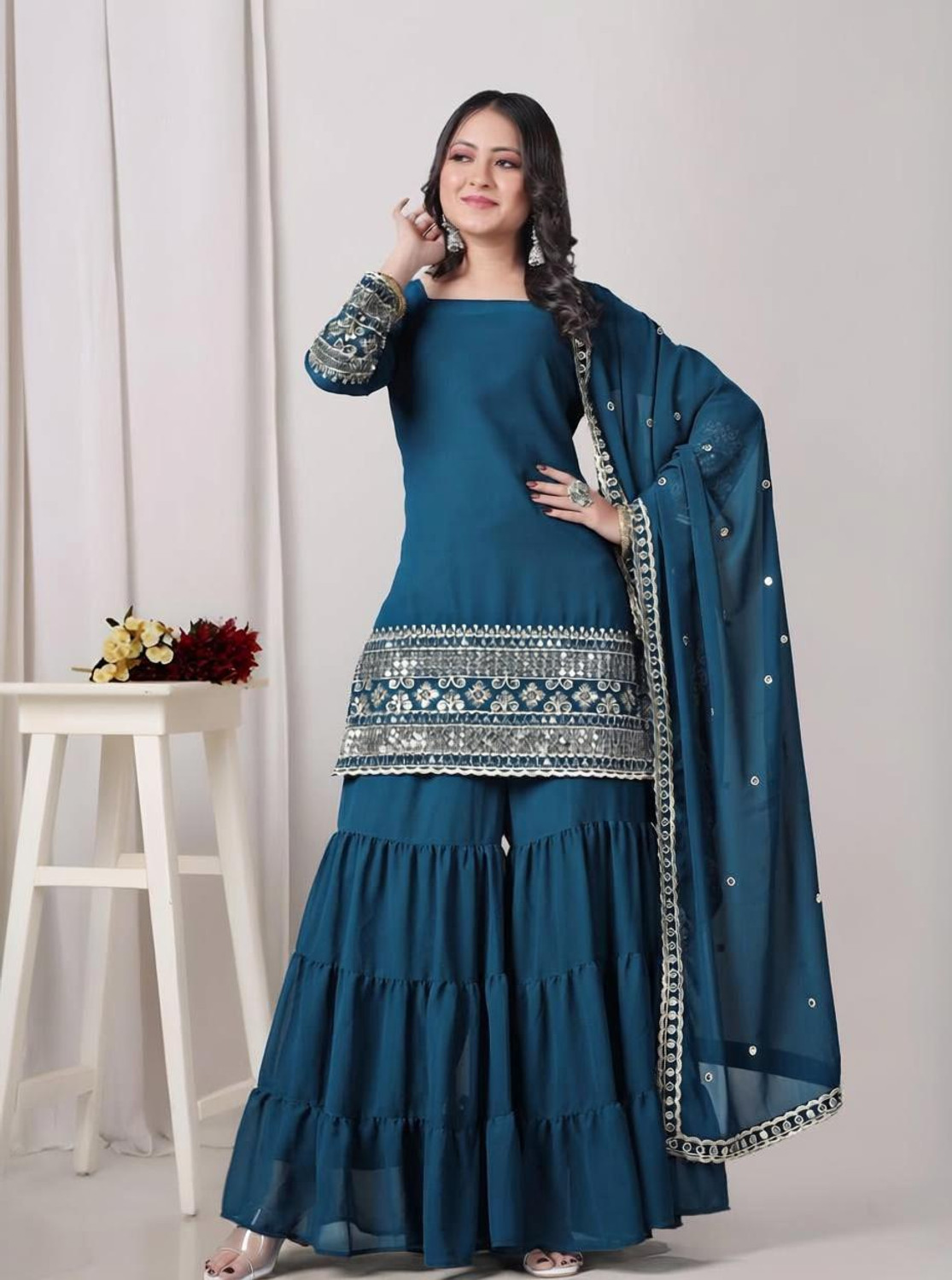 Image of JUNGLE CLOTHING Women Kurti Sharara Dupatta Set