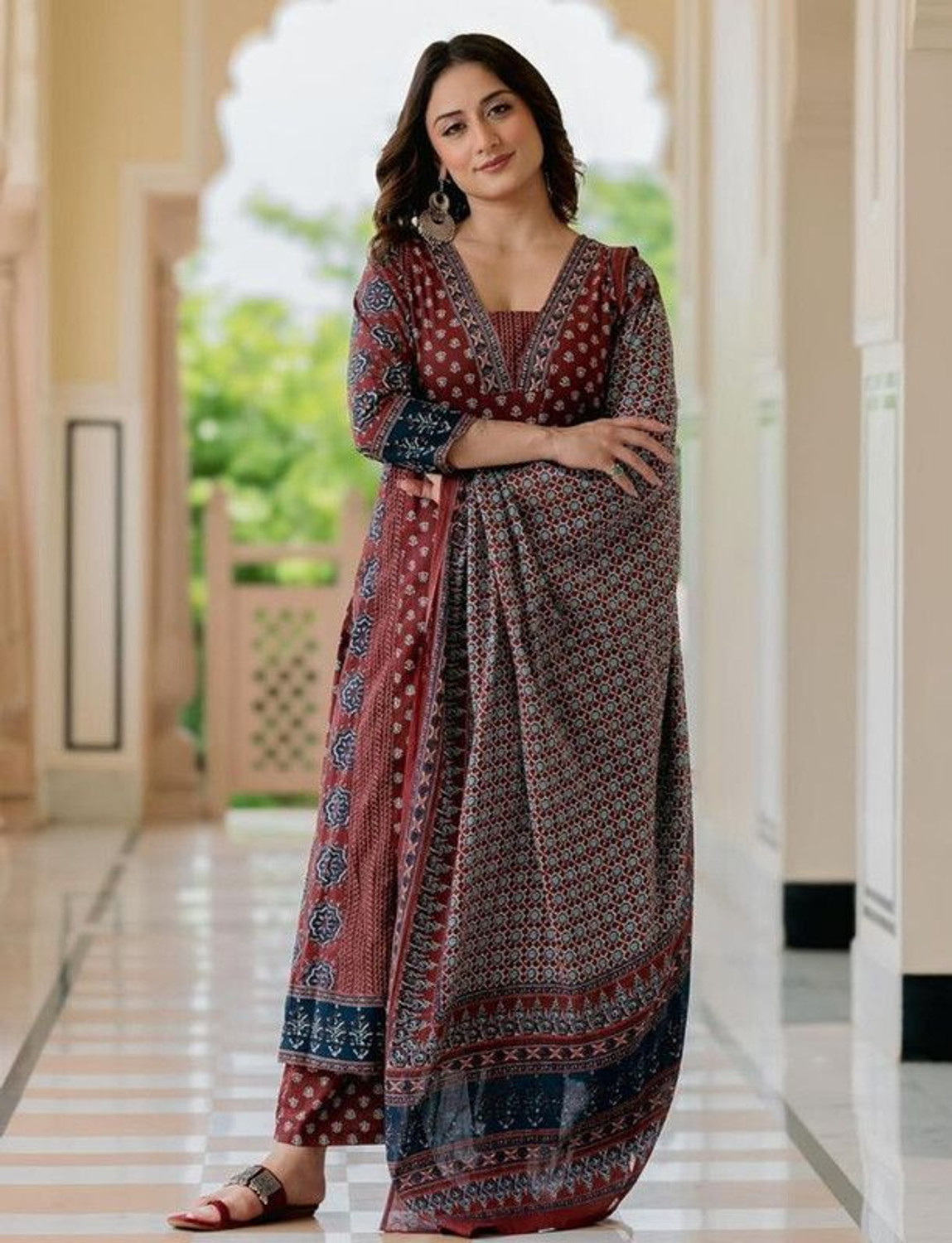 Image of Apparelia Women Viscose Rayon Kurta Palazzo Dupatta Set