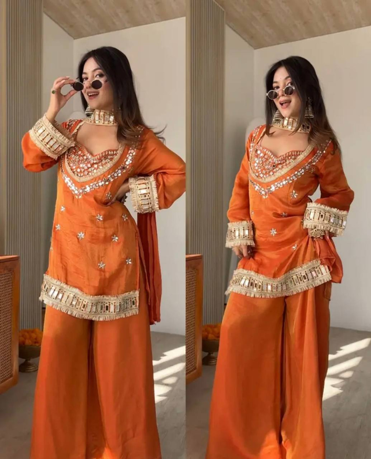 Image of RILLOURA Women Kurti Palazzo Dupatta Set