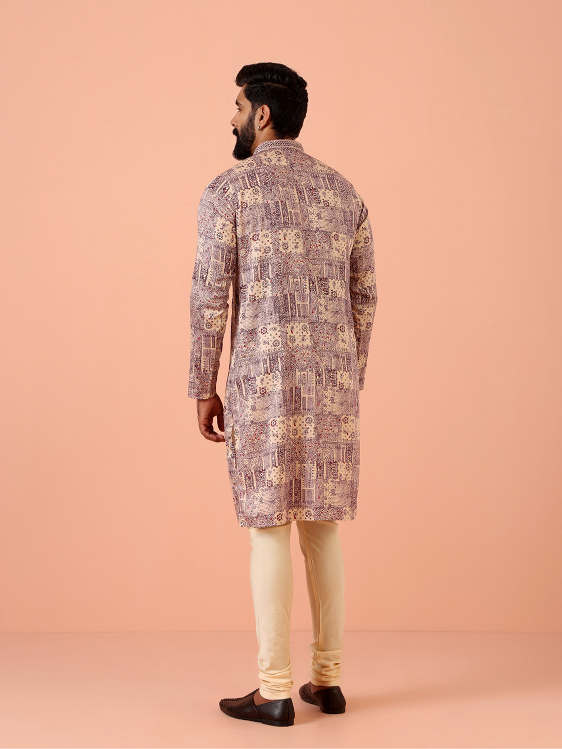 Image of Kisah Printed Cotton Blend Straight Kurta for Men (Purple)