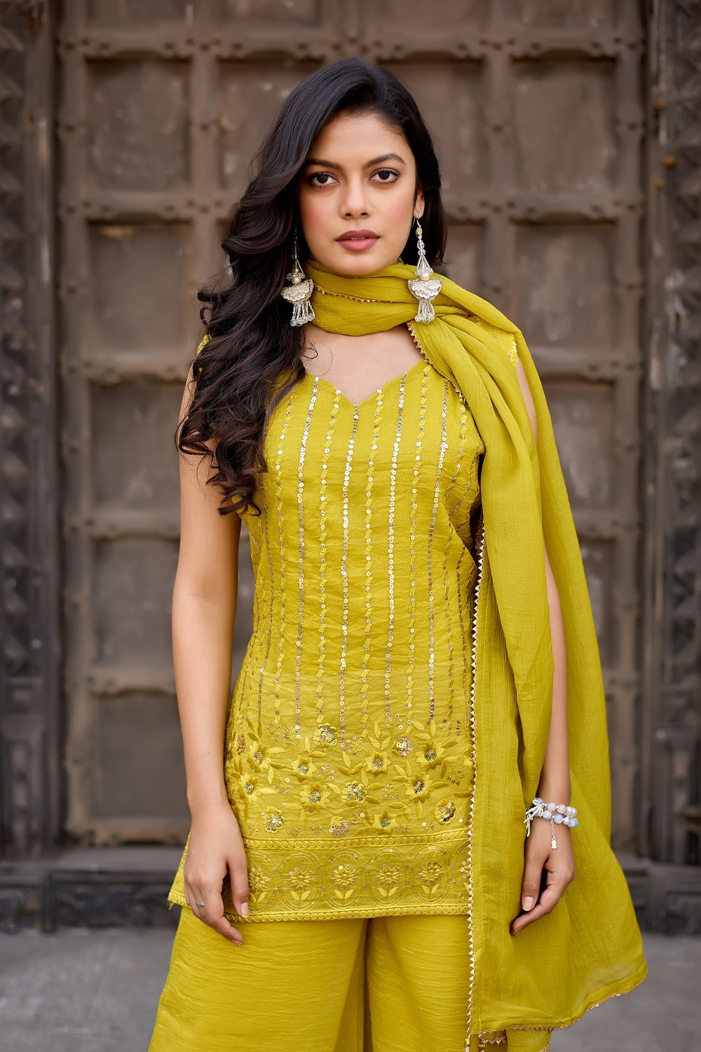 Image of Ervasa Women Kurta Palazzo Dupatta Set