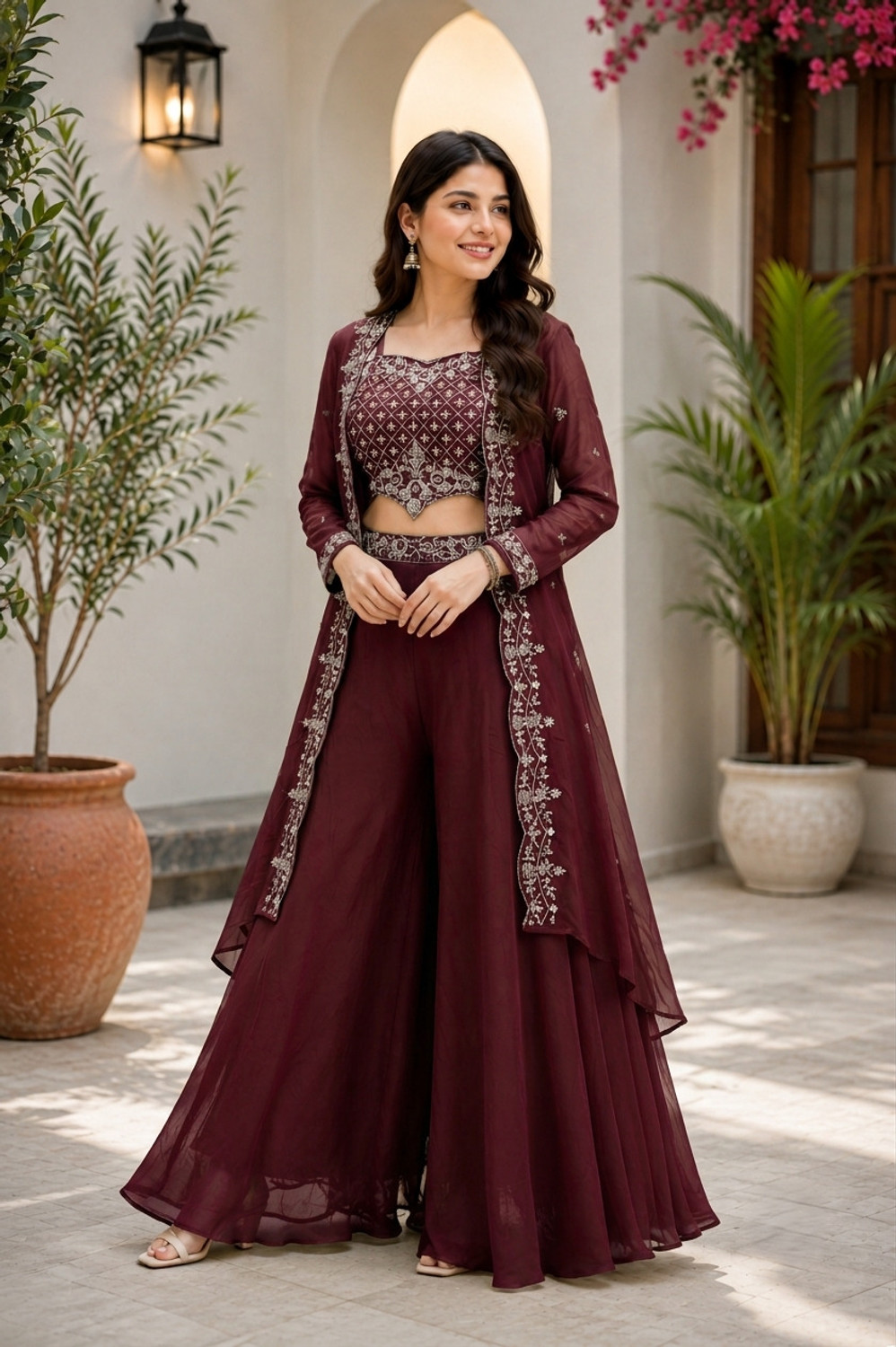 Image of VEEDHRUMI ENTERPRISE Women Silk Blend Crop Top Palazzo Ethnic Jacket Set