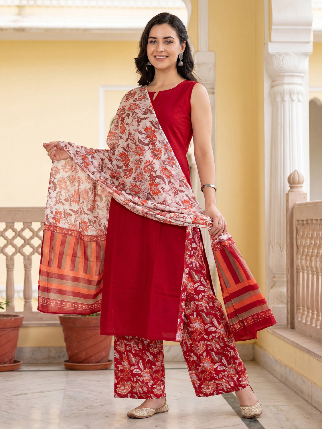 Image of Indo Era Women Pure Cotton Kurta Palazzo Dupatta Set