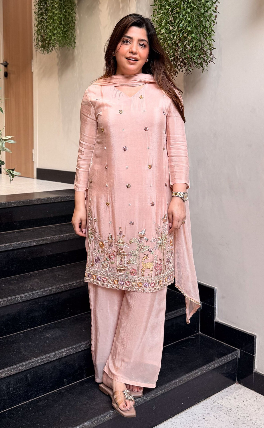 Image of Krisio Embroidered Kurta, Palazzo & Dupatta Set