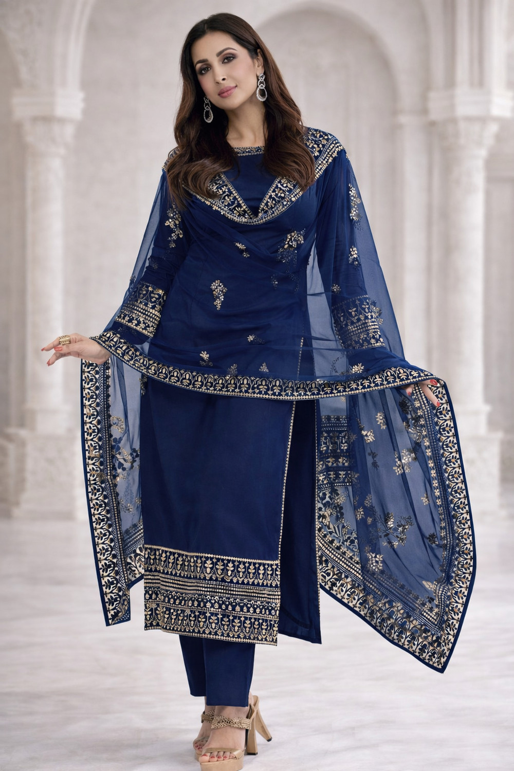 Image of PILUDI HOUSE Embroidered Kurta, Trouser /Pant & Dupatta Set