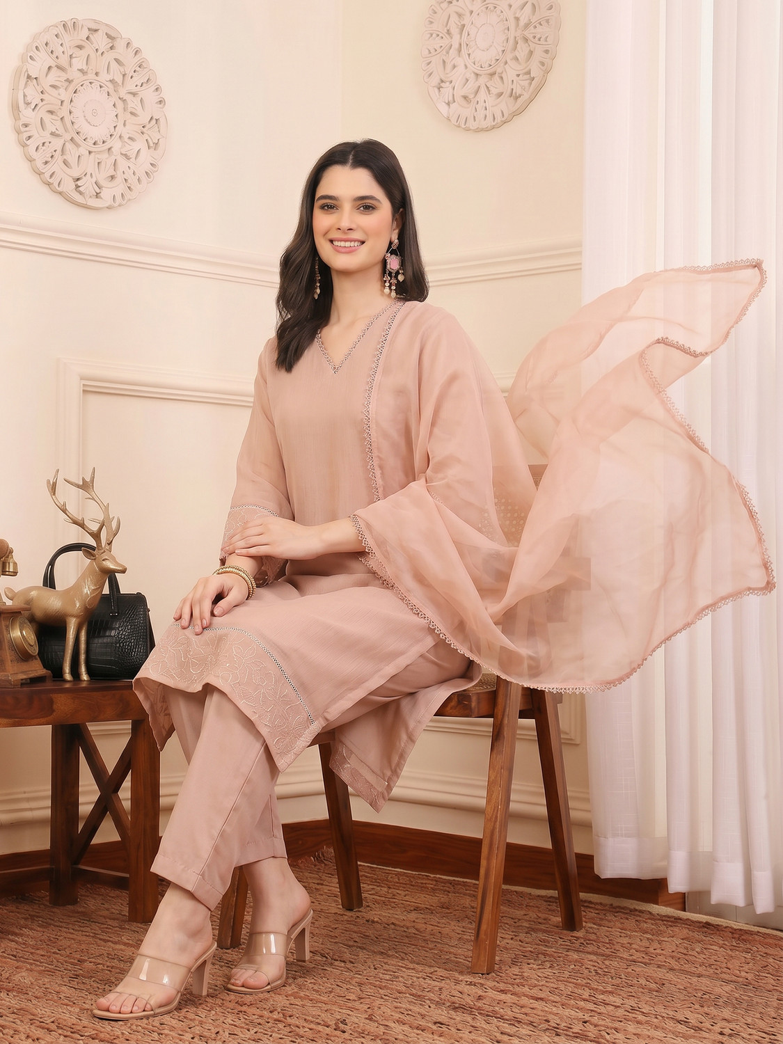 Image of AVANSHEE Women Chiffon Kurta Pant Dupatta Set