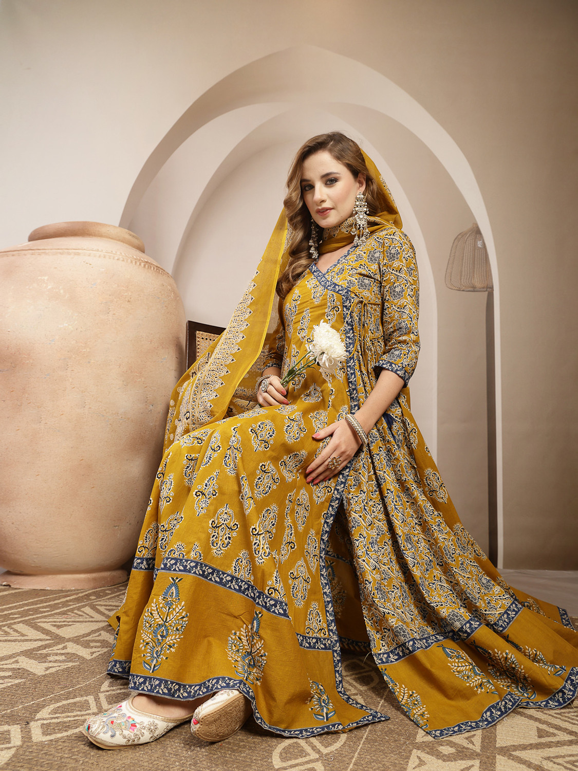 Image of Nishabd Women Cotton Blend Kurta Palazzo Dupatta Set