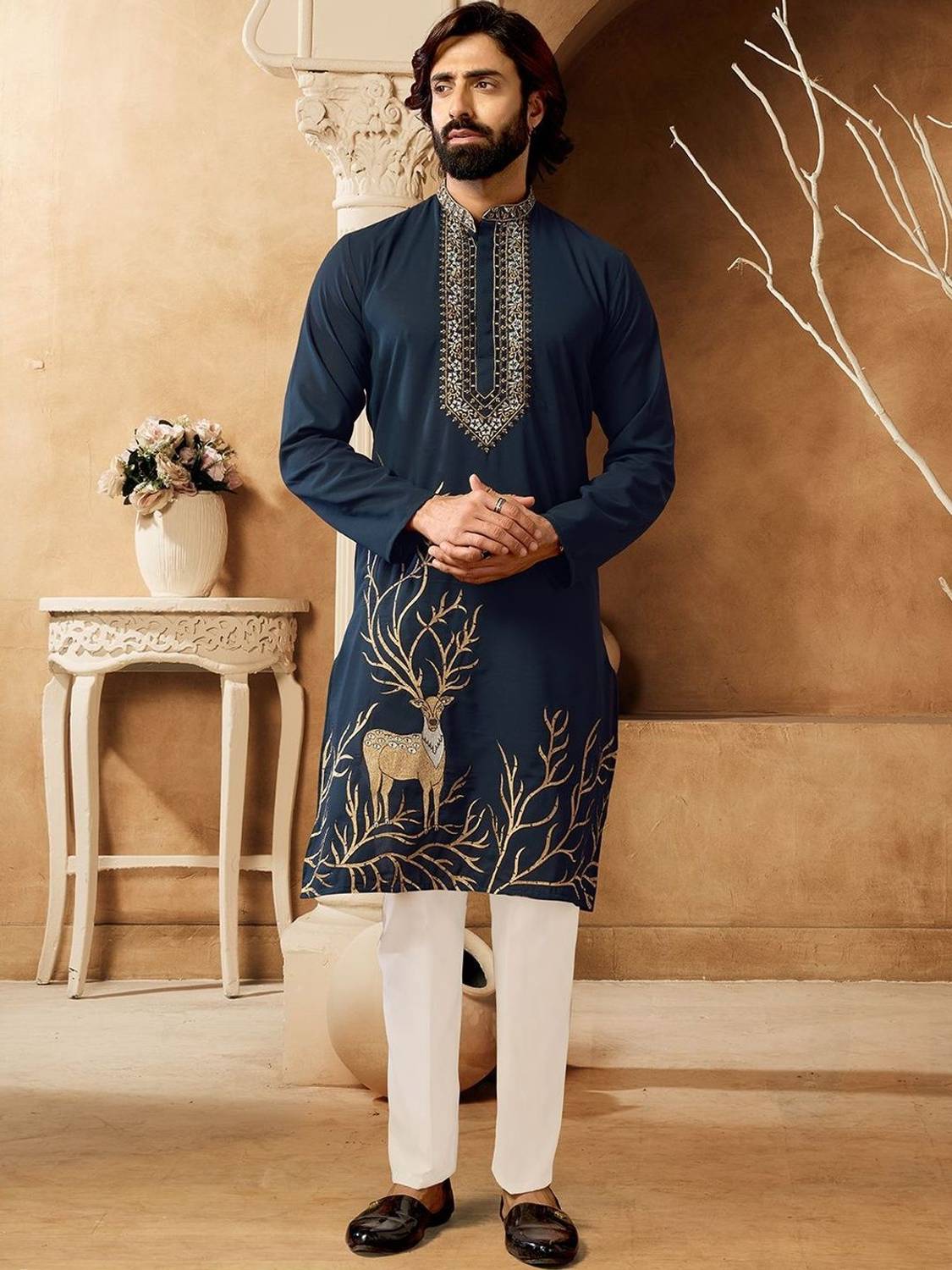 House of Pataudi Men Embroidered A-line Kurta - Image 3