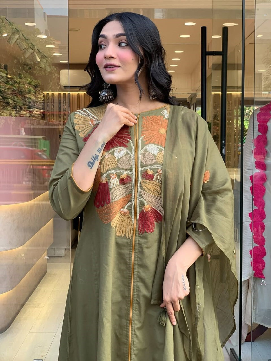 Image of Hariyali Embroidered Kurta, Palazzo & Dupatta Set