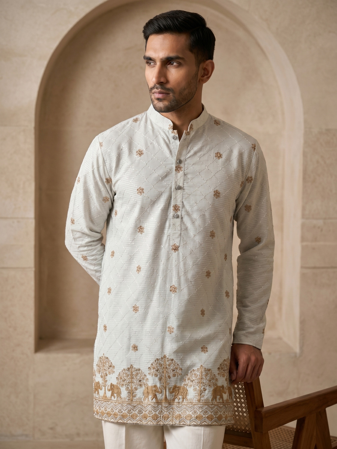 Image of Jompers Embroidered Cotton Blend Straight Kurta for Men (White)