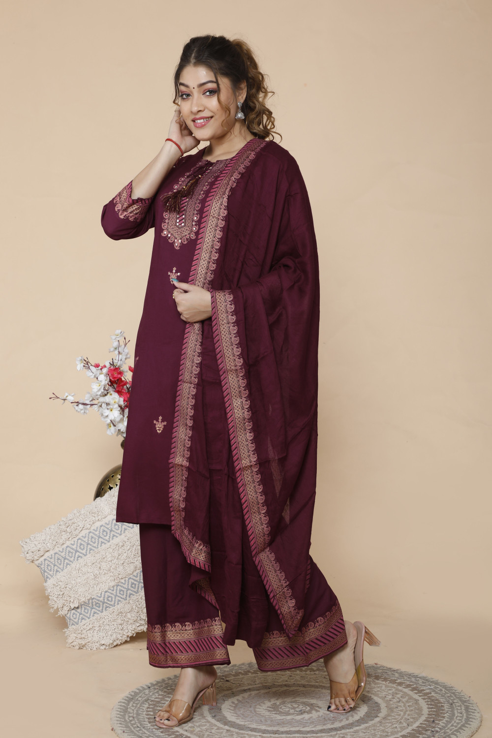 Image of shoecom Women Kurti Palazzo Dupatta Set