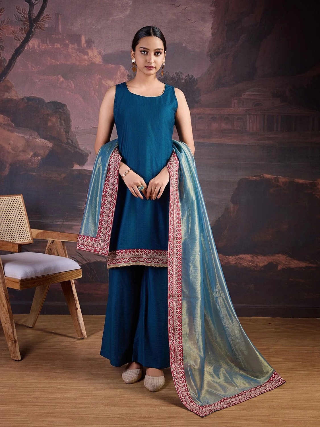 Image of House of Pataudi Women Kurta Palazzo Dupatta Set