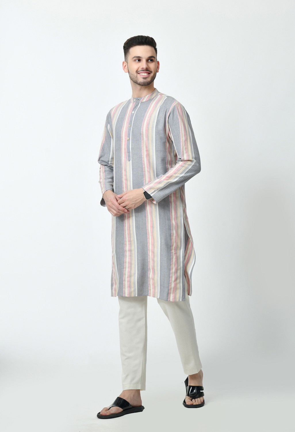 Image of OTIRA Men Striped Straight Kurta