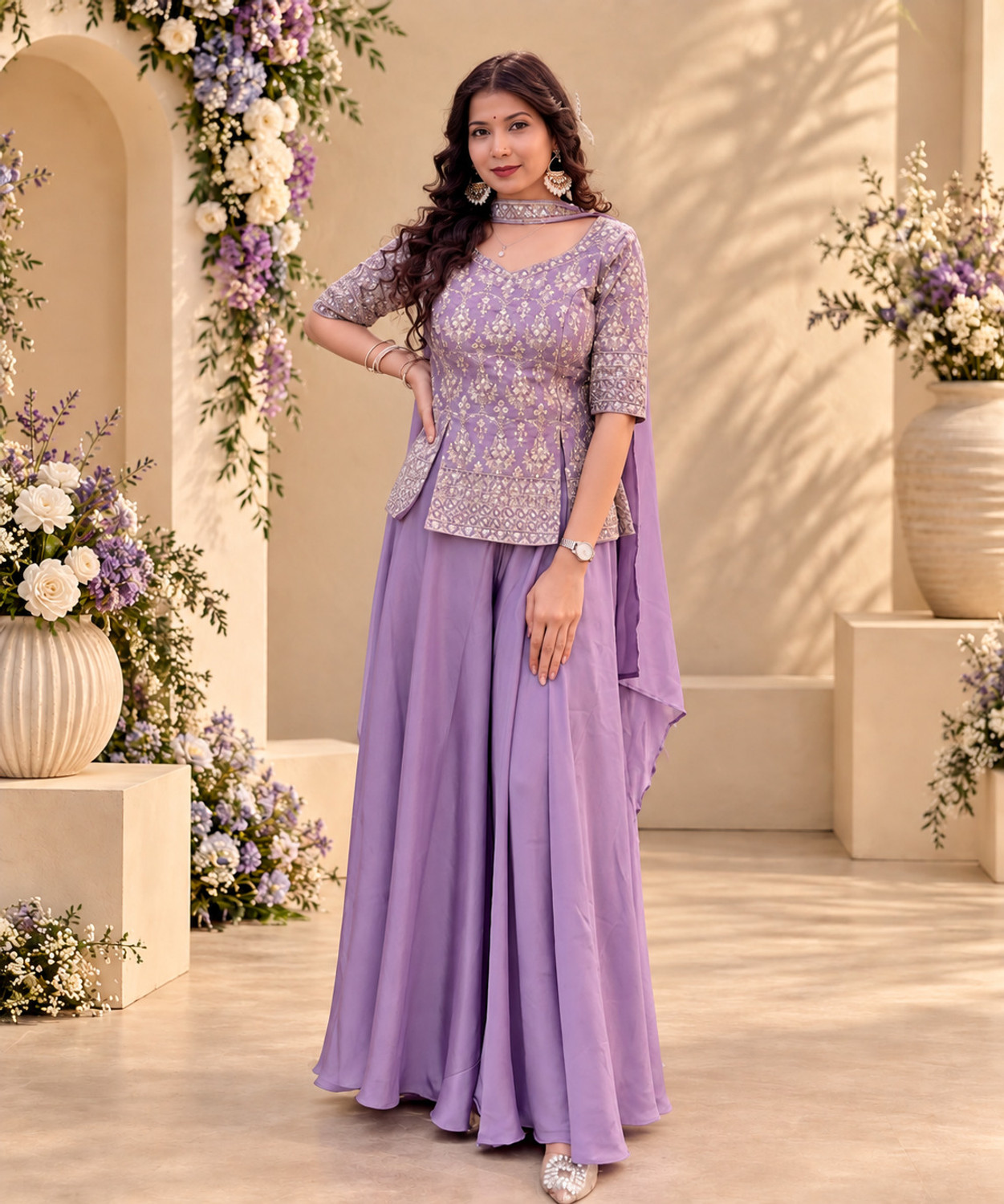 Image of Creeper Women Silk Blend Ethnic Top Sharara Dupatta Set