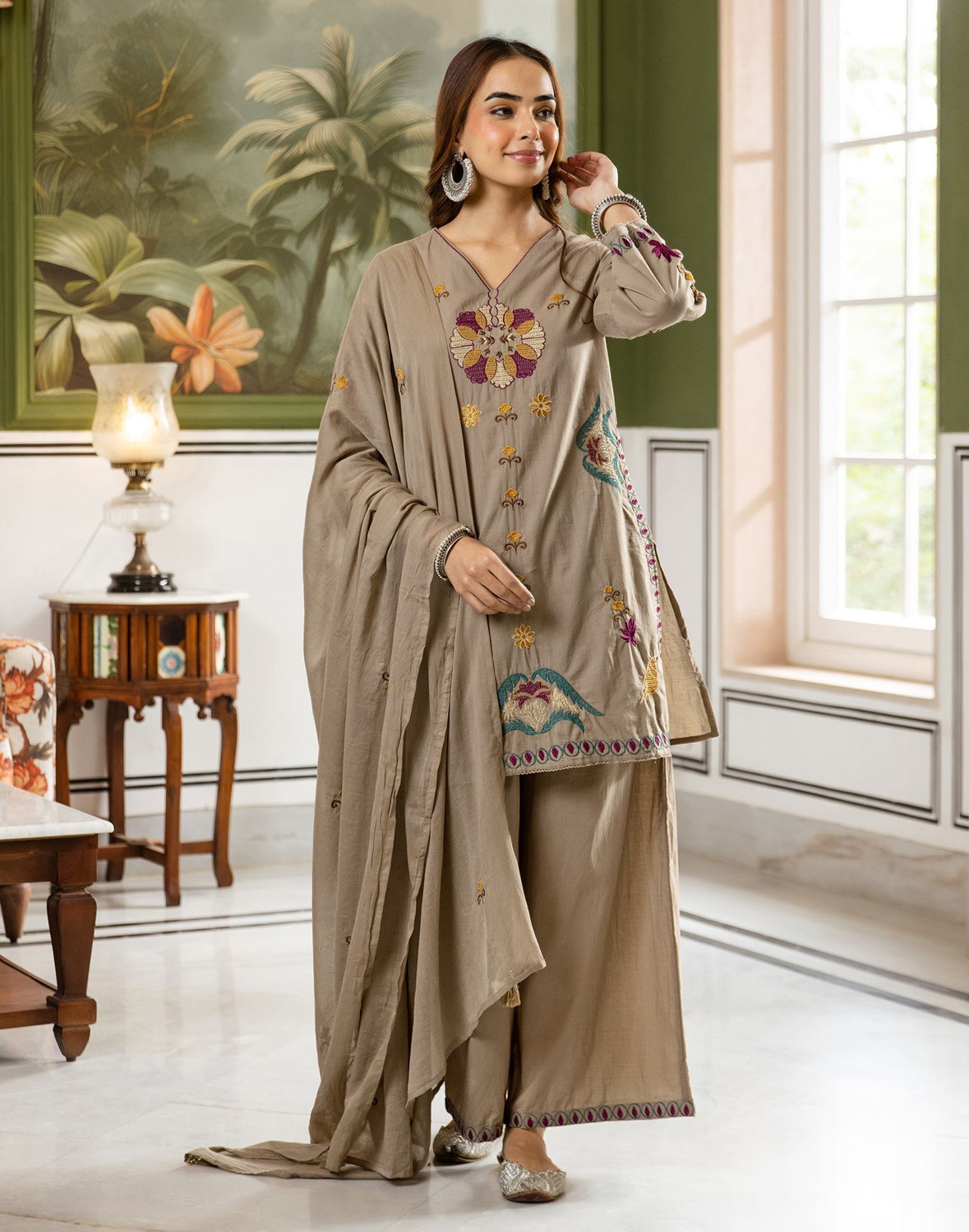 Image of Skylee Women Cotton Blend Kurta Pant Dupatta Set