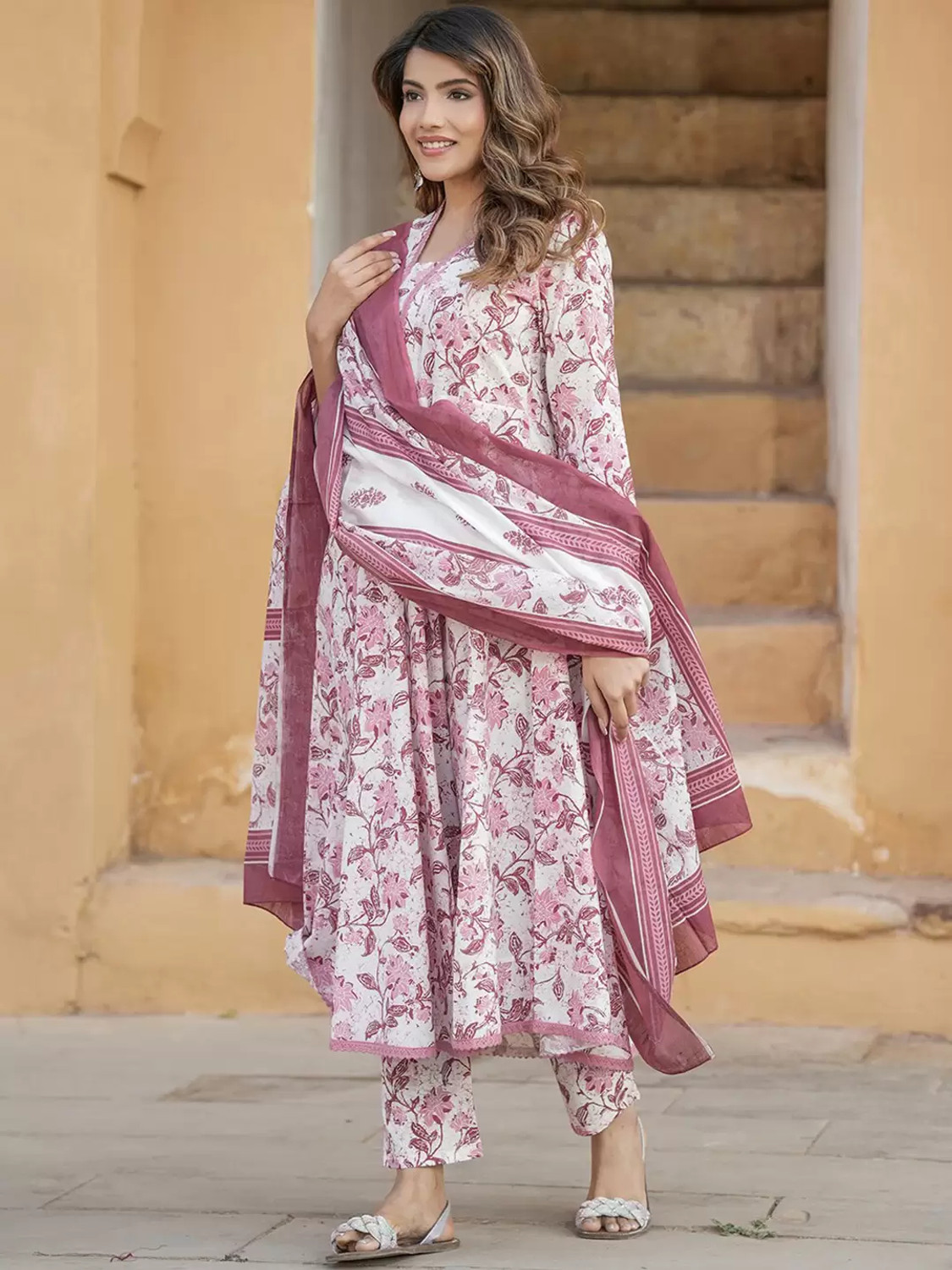 Image of Lamba Creations Floral Print Anarkali Kurta, Bottom & Dupatta Set