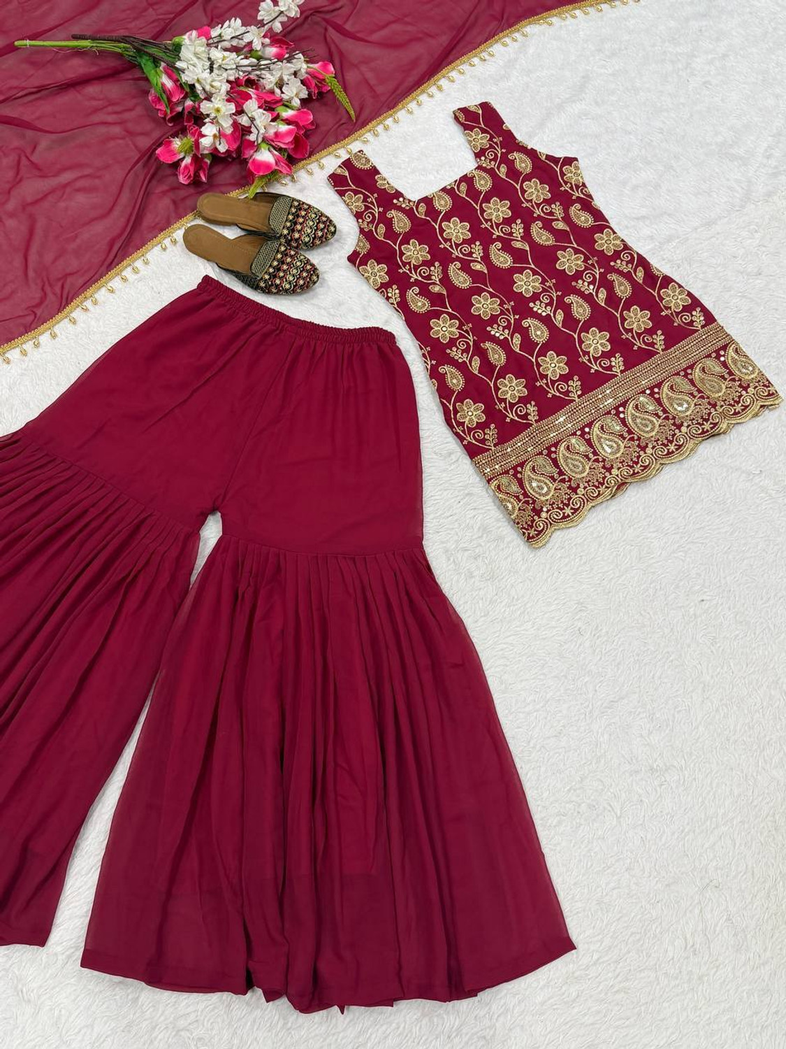 Image of Khodiyar Elegant Heavy Sequence Embroidered Sharara Set Embellished Kurta, Sharara & Dupatta Set