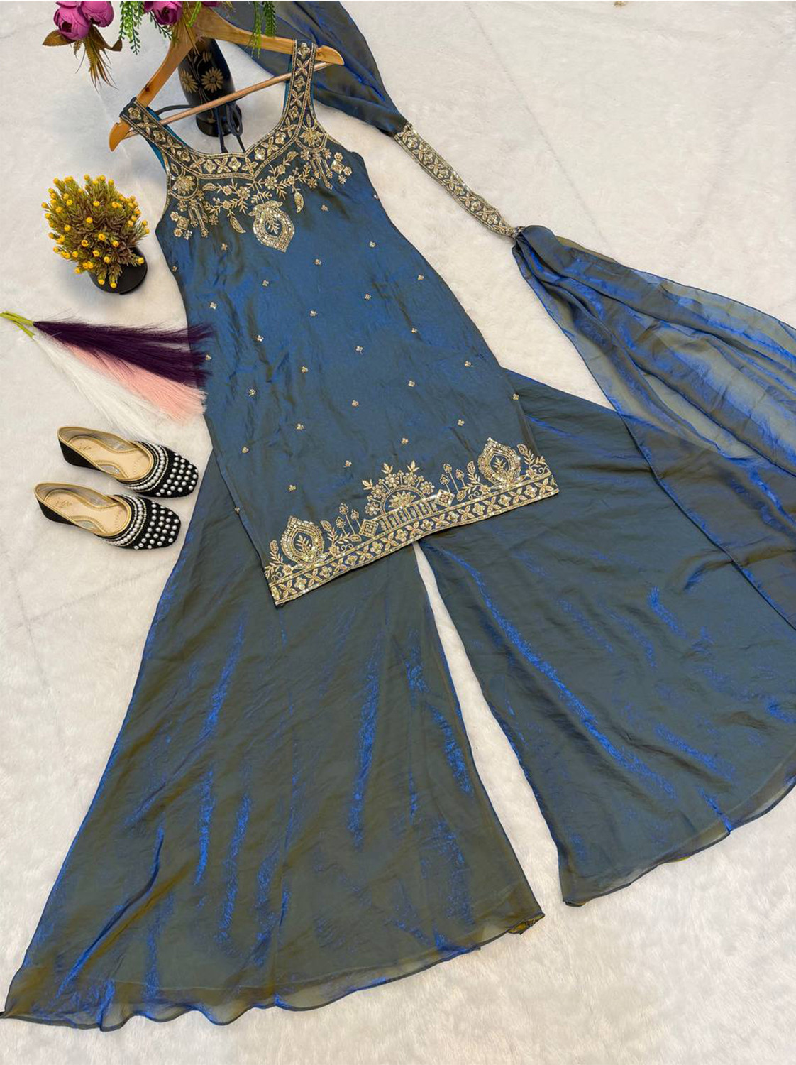 Image of IYALAFAB Women Ethnic Top Dhoti Pant Dupatta Set