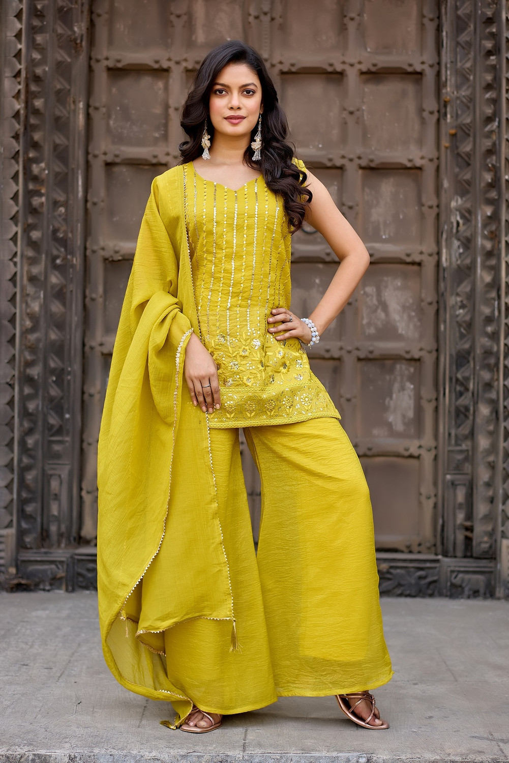 Image of Ervasa Women Kurta Palazzo Dupatta Set