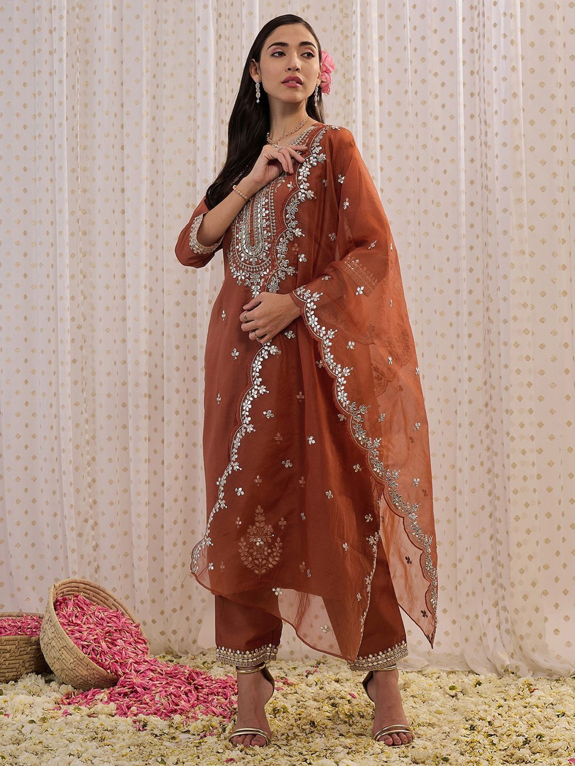 Image of Indo Era Women Silk Blend Kurta Pant Dupatta Set