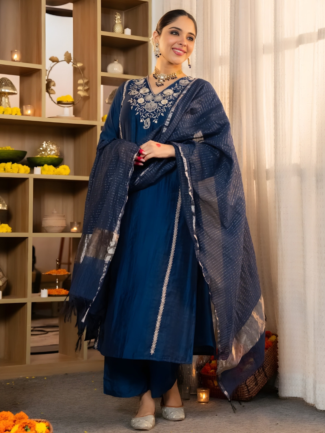 Image of zaierra Embroidered Kurta, Palazzo & Dupatta Set