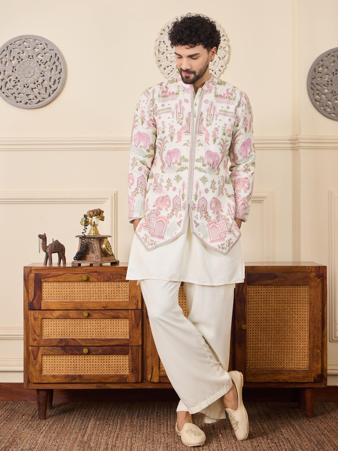 Image of House of Pataudi Men Kurta Pyjama Ethnic Jacket Set