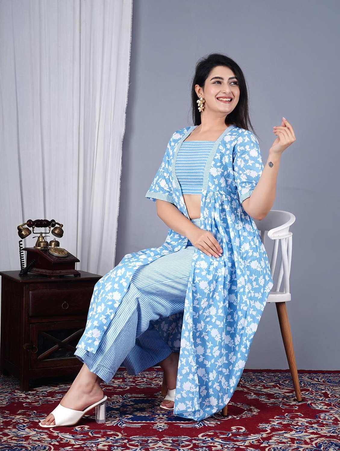 Image of MANOJAVA Women Crop Top Palazzo Ethnic Jacket Set