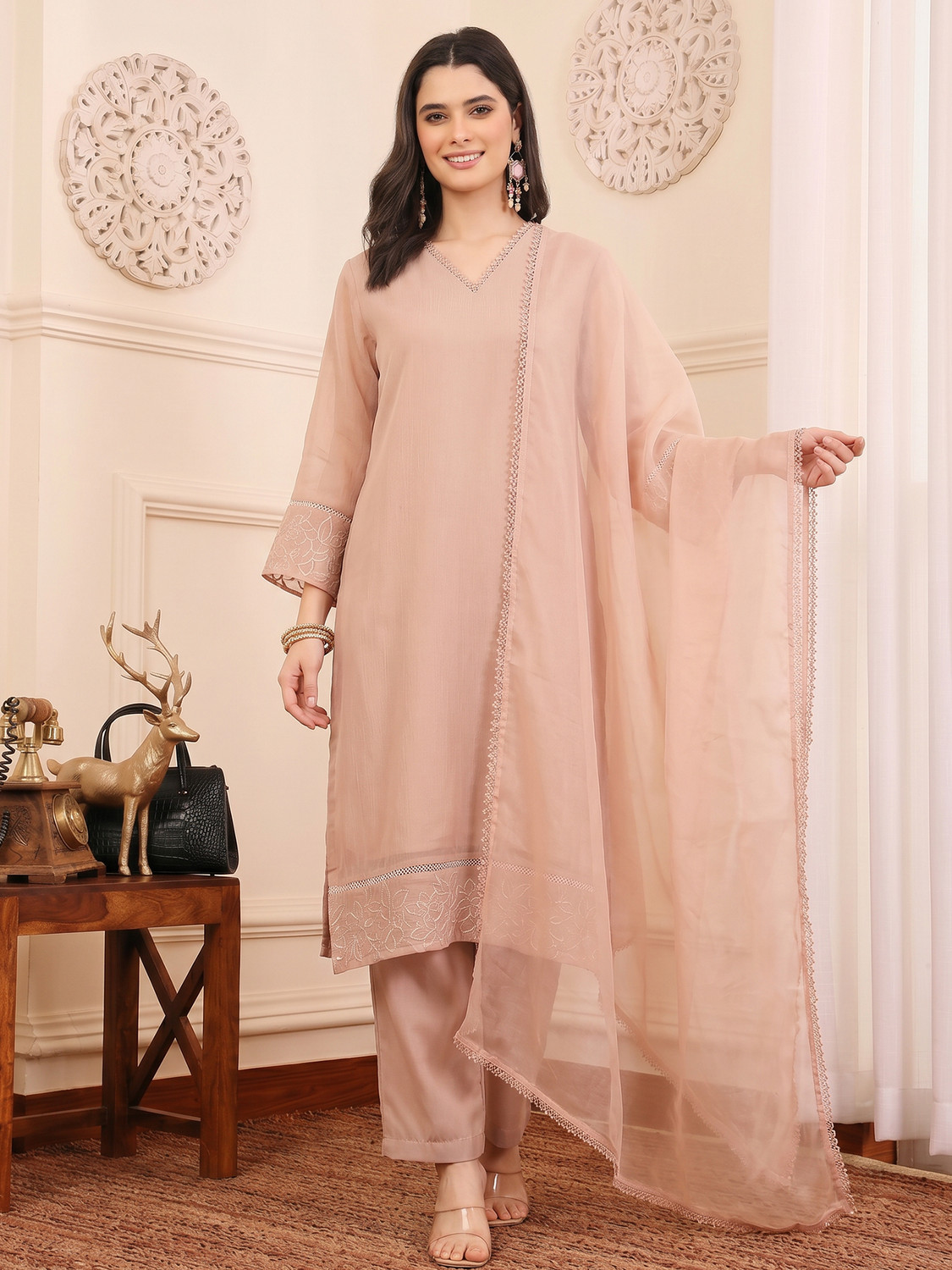 Image of AVANSHEE Women Chiffon Kurta Pant Dupatta Set