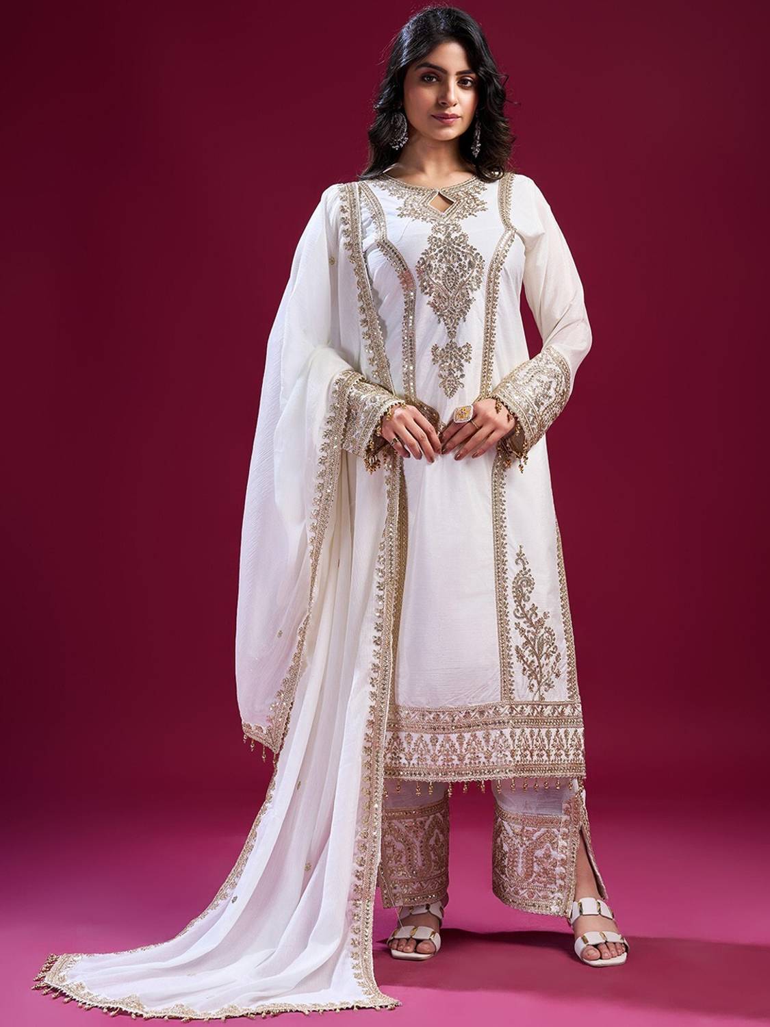 AKSHARAMERA Embroidered Anarkali Kurta, Bottom & Dupatta Set