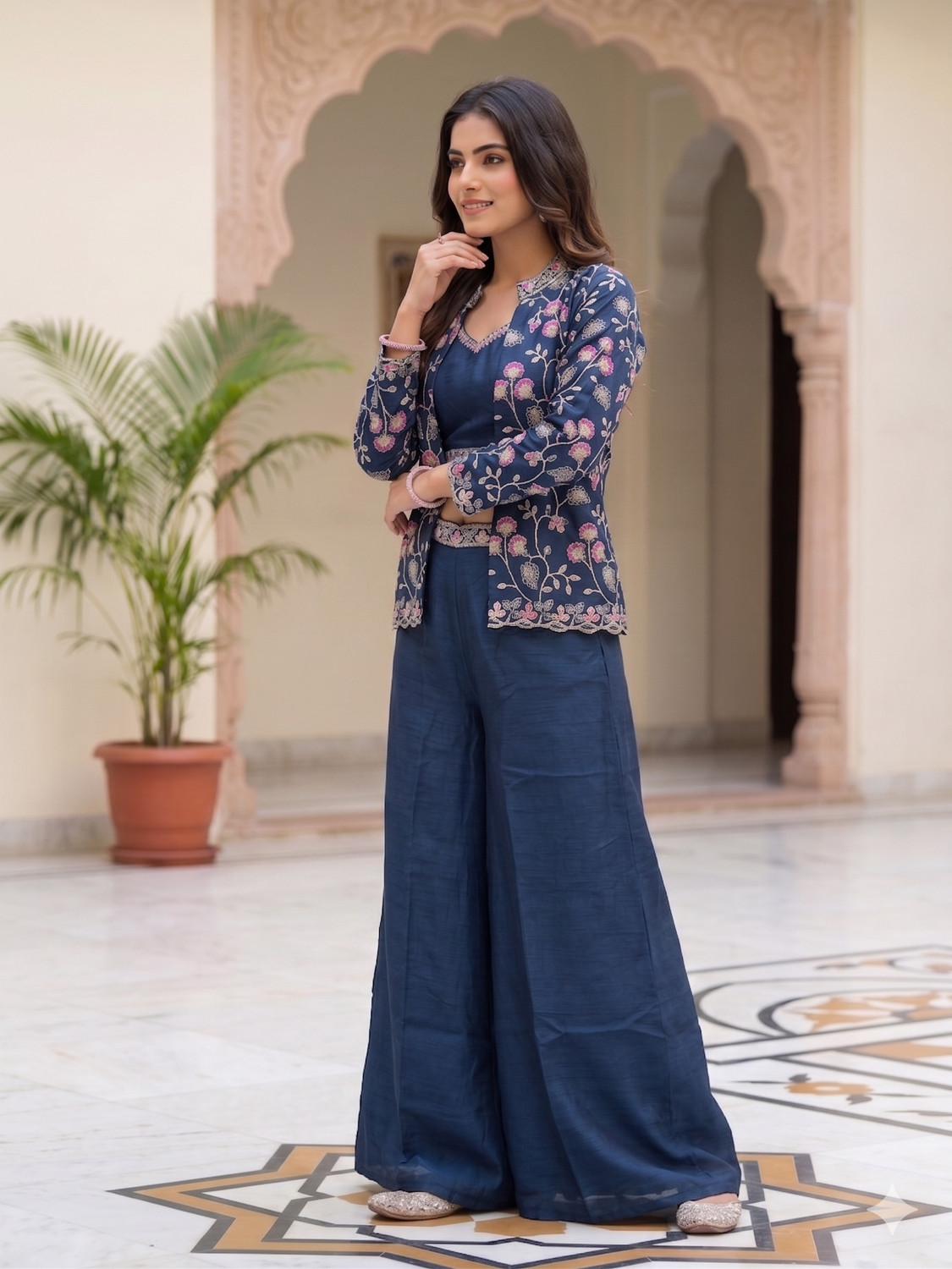 Image of bhakti sangam Women Ethnic Top Palazzo Ethnic Jacket Set