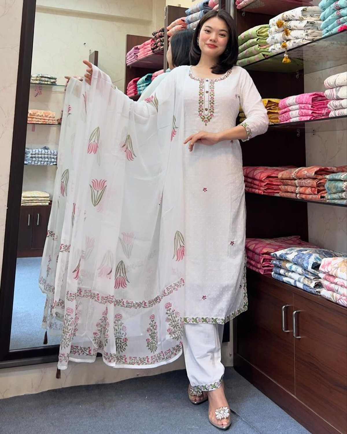 Image of kiwastudio Embroidered Kurta, Trouser /Pant & Dupatta Set