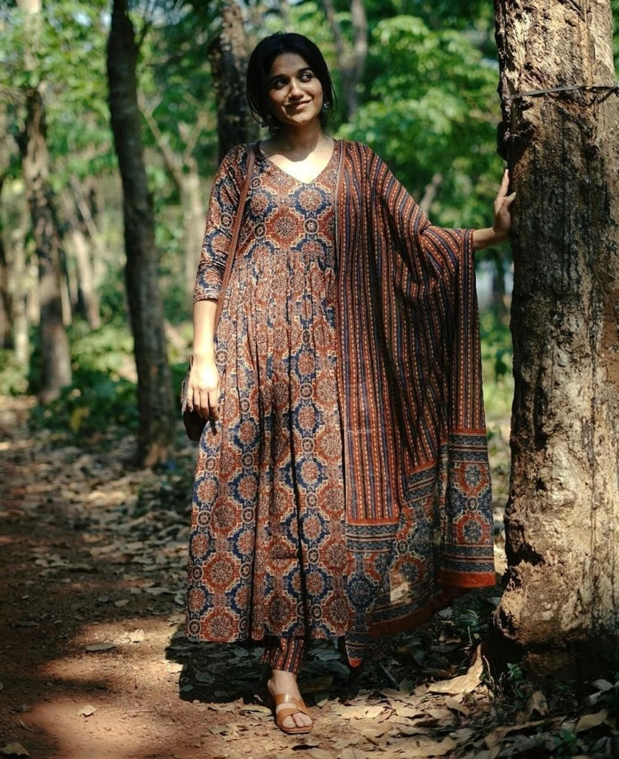 Image of Apparelia Printed Anarkali Kurta, Bottom & Dupatta Set