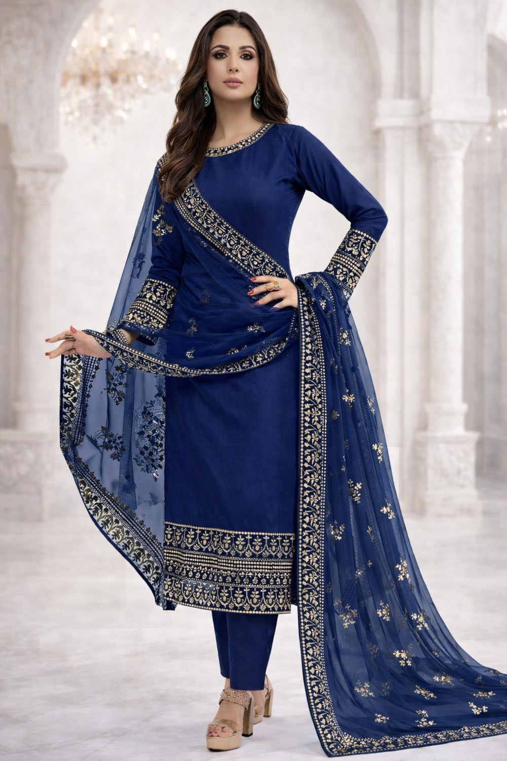 Image of PILUDI HOUSE Embroidered Kurta, Trouser /Pant & Dupatta Set