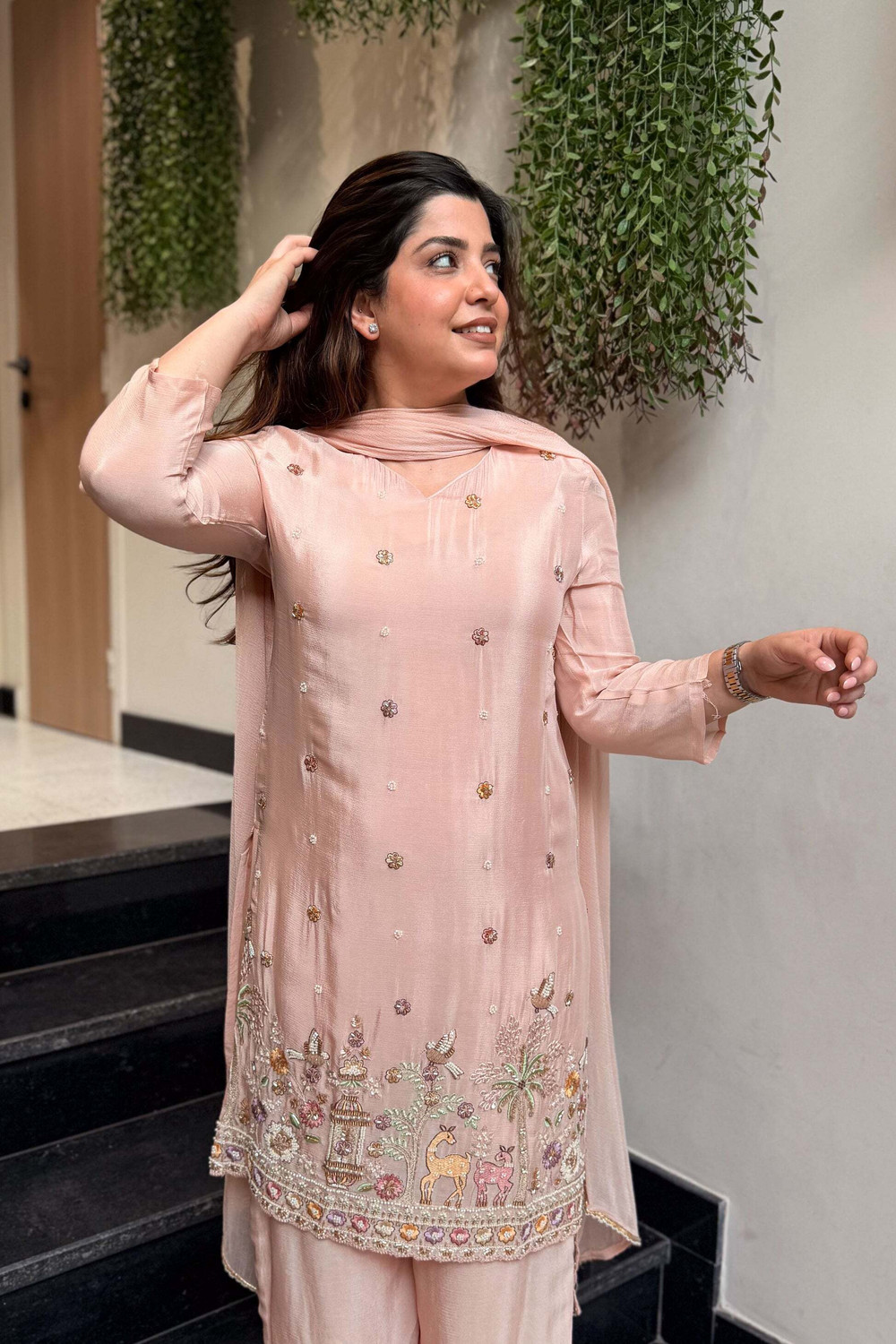 Image of Krisio Embroidered Kurta, Palazzo & Dupatta Set