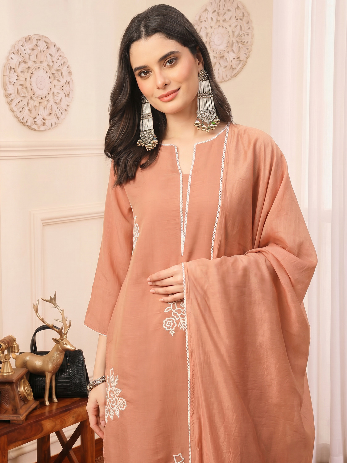 Image of AVANSHEE Women Chanderi Kurta Pant Dupatta Set