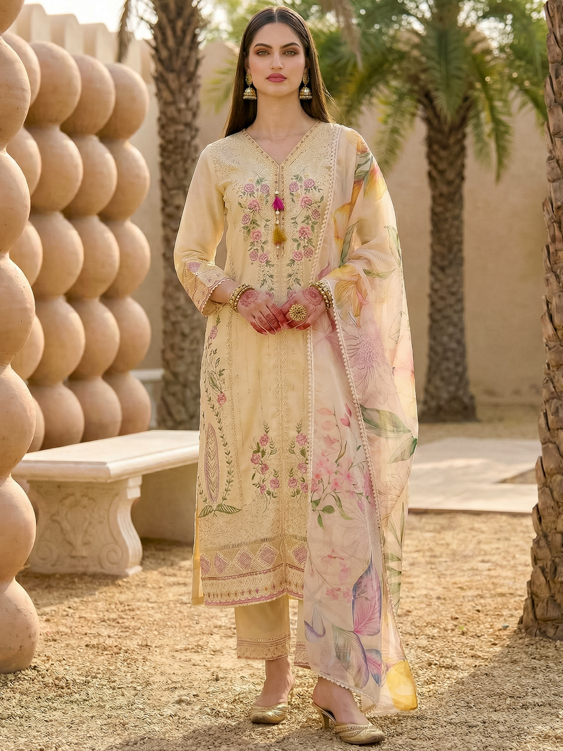 Image of Indo Era Women Silk Blend Kurta Pant Dupatta Set