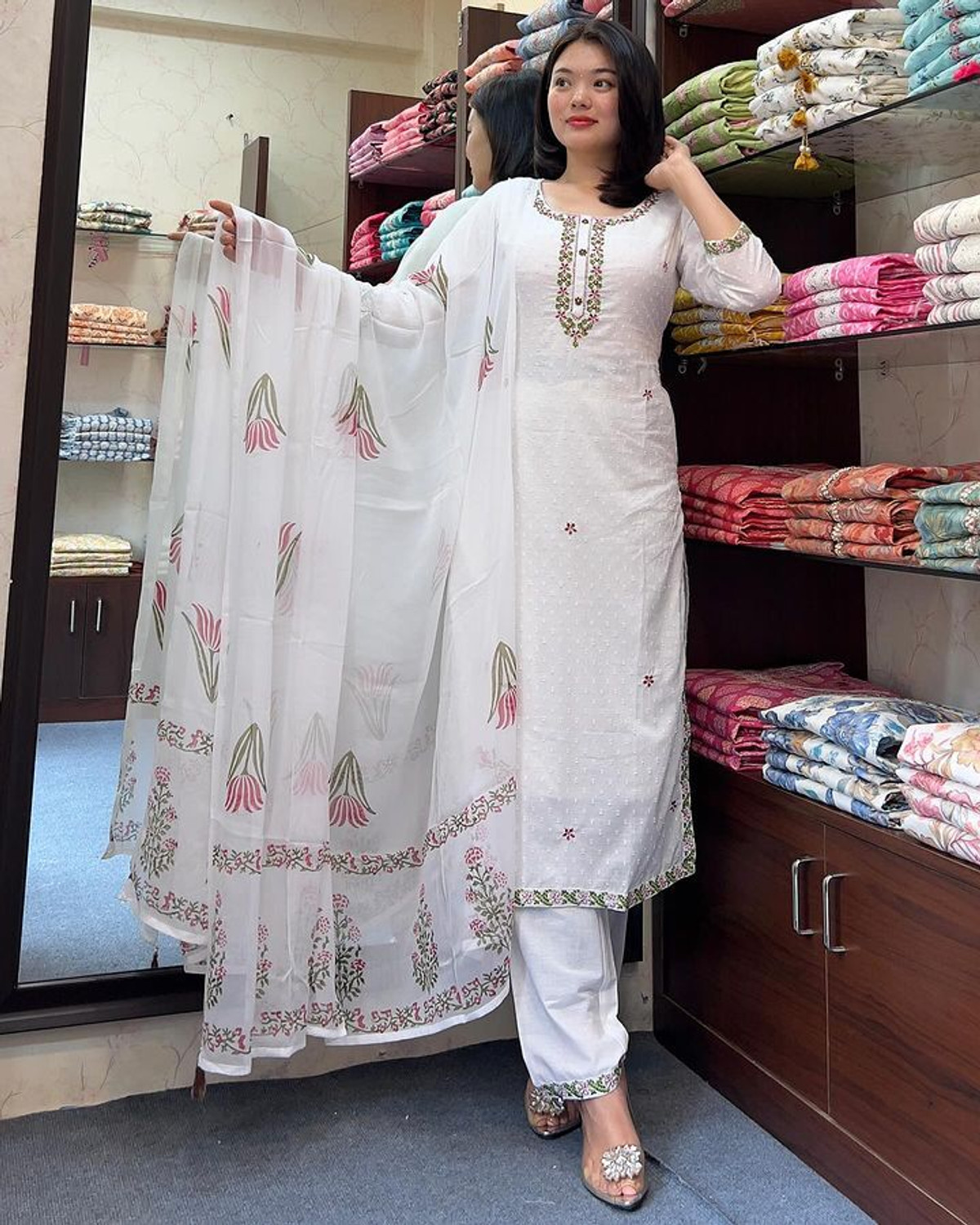 Image of kiwastudio Clothyvia pure fabric kurta with pant and dupatta set Embroidered Kurta, Trouser /Pant & Dupatta Set
